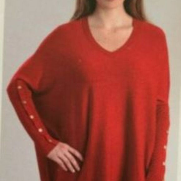 RXB Scarlet Red V-neck Oversized Sweater Shirt with gold buttons on sleeve - Picture 2 of 5